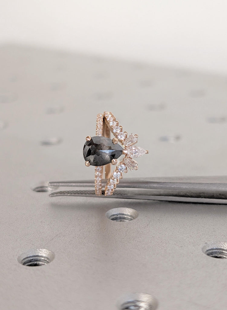 Wedding Ring Set, Vintage 1920's Salt and Pepper Diamond, 18K Rose Gold Promise Ring, Dainty Matching Moissanite Engagement Anniversary Ring image #2