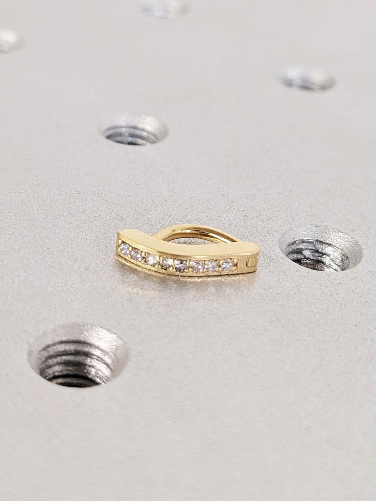Round Cut White Diamond Helix Piercing, 18K Gold Hinged Hoop Earrings, Curved Diamond Clicker Huggie earrings, Bridal Engagement Jewelry image #4