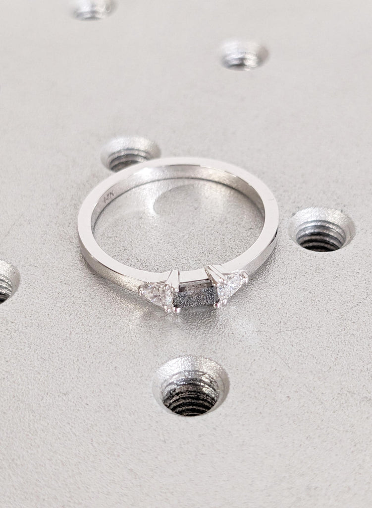 Salt and Pepper Diamond Engagement Ring , 14K White Gold Baguette Diamond Ring, Unique Minimalist Ring, Modern Bridal Ring, Trio Stone Ring image #9