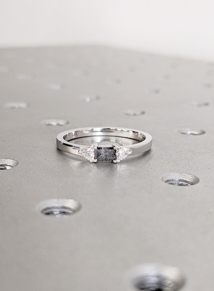 Salt and Pepper Diamond Engagement Ring , 14K White Gold Baguette Diamond Ring, Unique Minimalist Ring, Modern Bridal Ring, Trio Stone Ring image #2