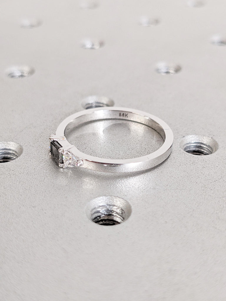 Salt and Pepper Diamond Engagement Ring , 14K White Gold Baguette Diamond Ring, Unique Minimalist Ring, Modern Bridal Ring, Trio Stone Ring image #7
