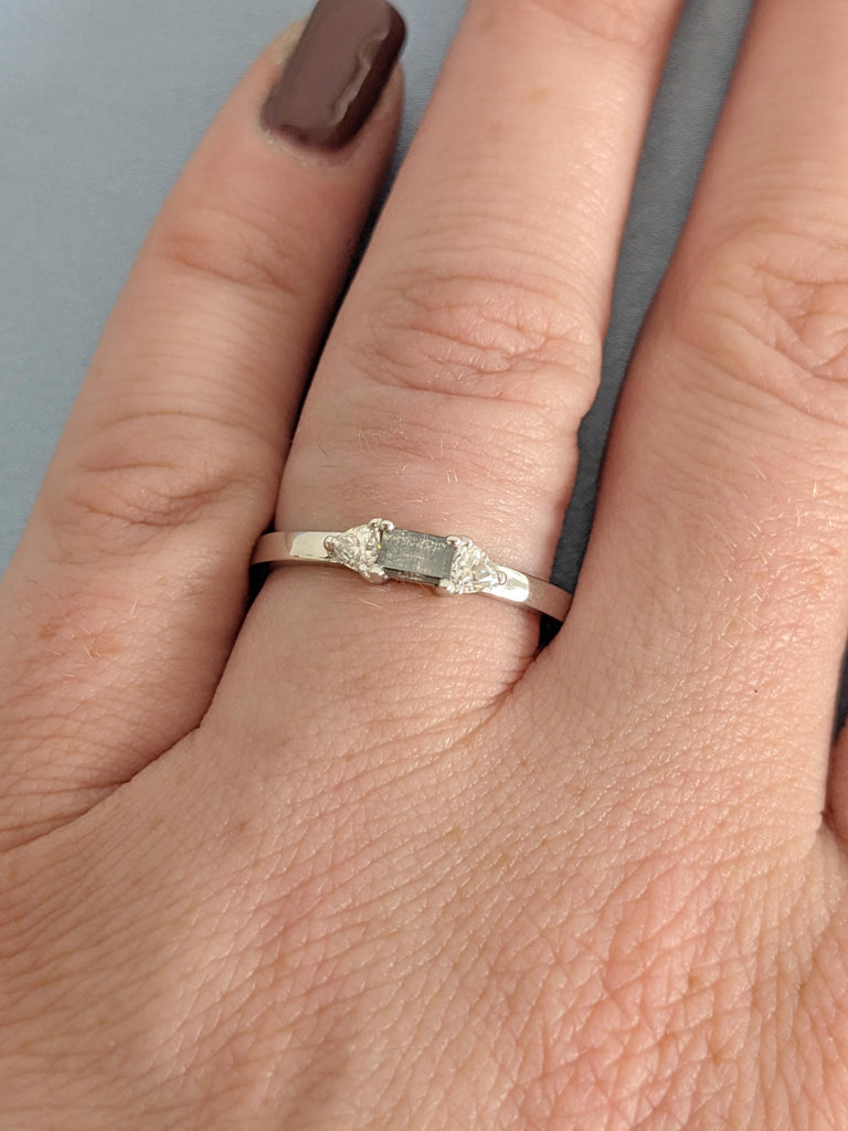 Salt and Pepper Diamond Engagement Ring , 14K White Gold Baguette Diamond Ring, Unique Minimalist Ring, Modern Bridal Ring, Trio Stone Ring image #16