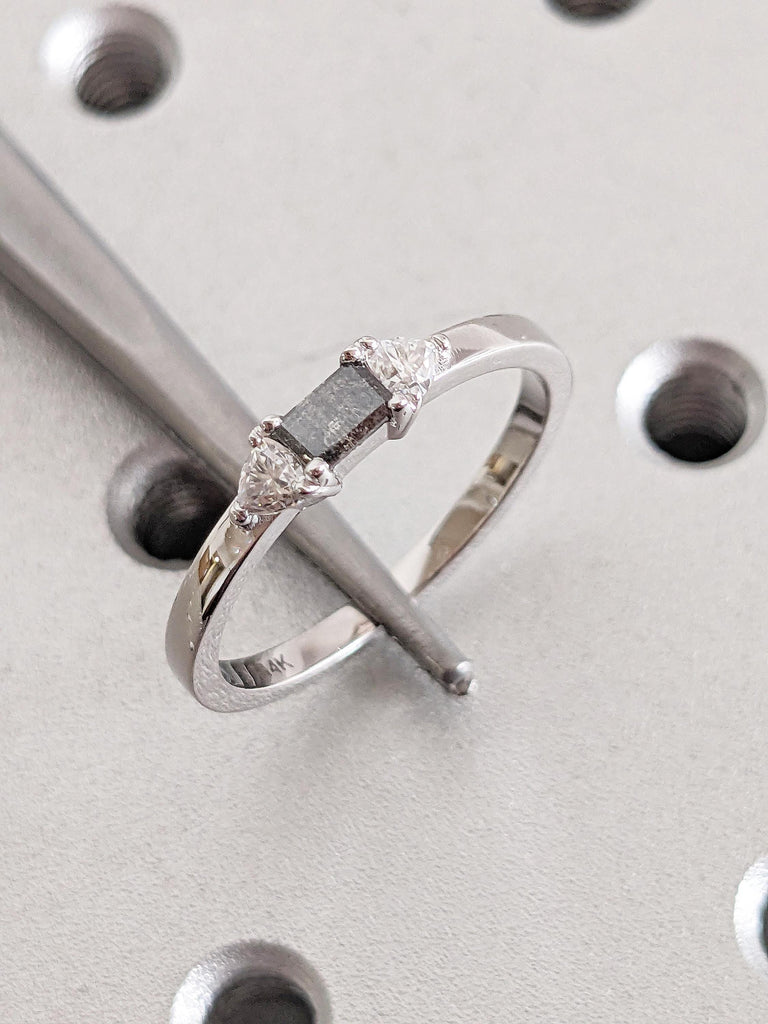 Salt and Pepper Diamond Engagement Ring , 14K White Gold Baguette Diamond Ring, Unique Minimalist Ring, Modern Bridal Ring, Trio Stone Ring