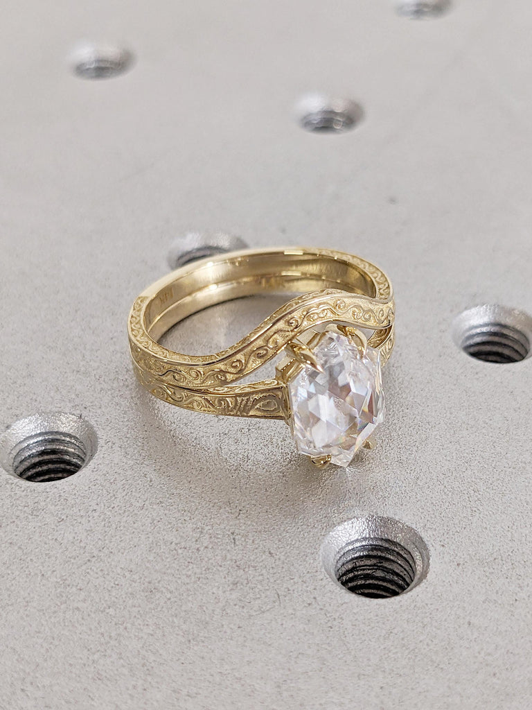 Solitaire Moissanite Engagement Ring, Bridal Set, Scrollwork 14k Yellow Gold Hexagon Ring image #6