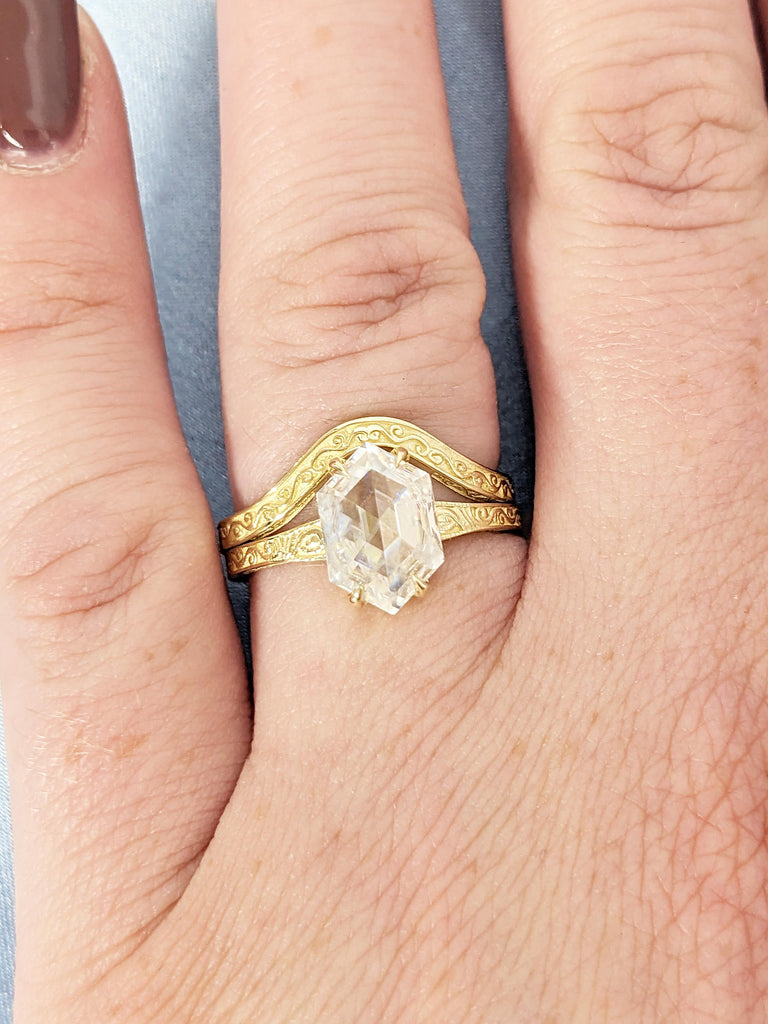 Solitaire Moissanite Engagement Ring, Bridal Set, Scrollwork 14k Yellow Gold Hexagon Ring image #4