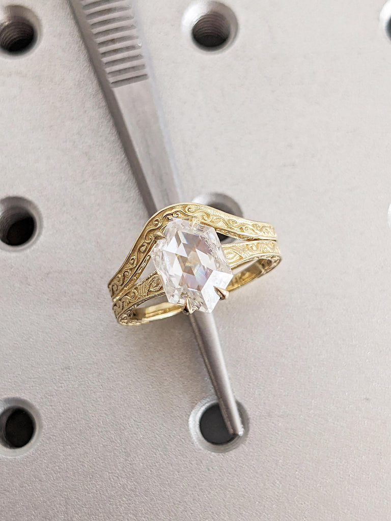 Solitaire Moissanite Engagement Ring, Bridal Set, Scrollwork 14k Yellow Gold Hexagon Ring image #10