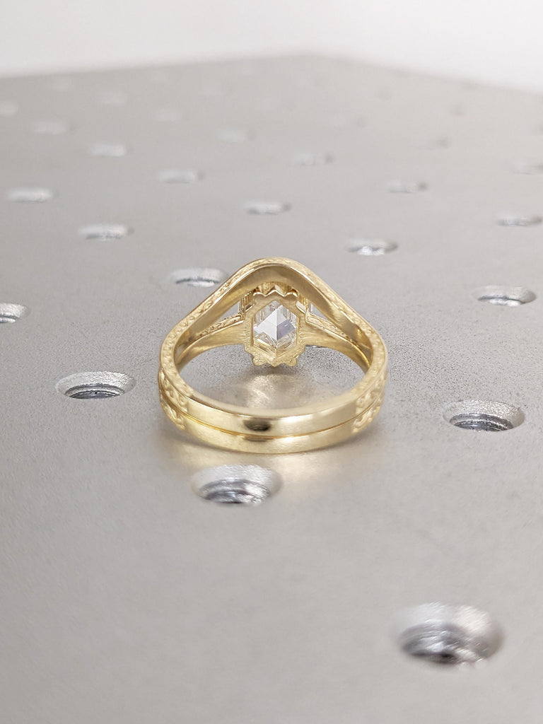 Solitaire Moissanite Engagement Ring, Bridal Set, Scrollwork 14k Yellow Gold Hexagon Ring image #5