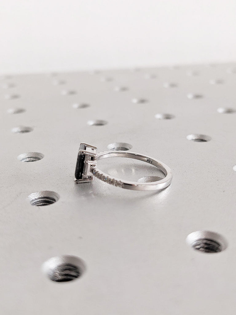 14K White Gold Ring, Emerald Cut Salt and Pepper Diamond Ring, Round Cut Baguette Diamond Pave Ring, Vintage Emerald Shape Engagement Rings image #3