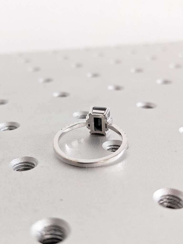 14K White Gold Ring, Emerald Cut Salt and Pepper Diamond Ring, Round Cut Baguette Diamond Pave Ring, Vintage Emerald Shape Engagement Rings image #4