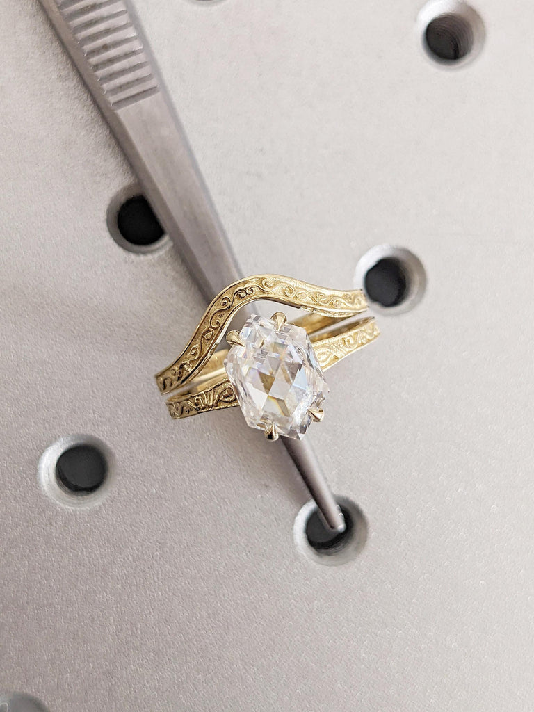 Solitaire Moissanite Engagement Ring, Bridal Set, Scrollwork 14k Yellow Gold Hexagon Ring image #2