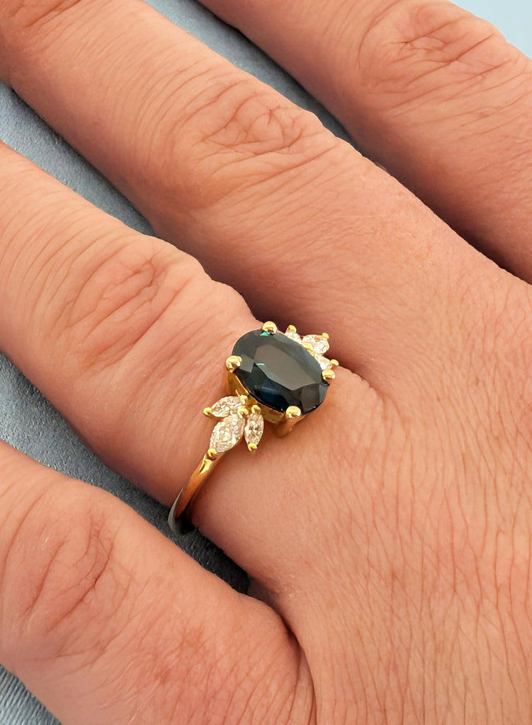 Sapphire Engagement Ring, Blue Green Oval Peacock Sapphire, 18K Yellow Gold Marquise Cut Diamond Cluster, September Birthstone Ring For Her image #13