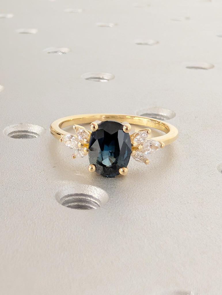 Sapphire Engagement Ring, Blue Green Oval Peacock Sapphire, 18K Yellow Gold Marquise Cut Diamond Cluster, September Birthstone Ring For Her image #5