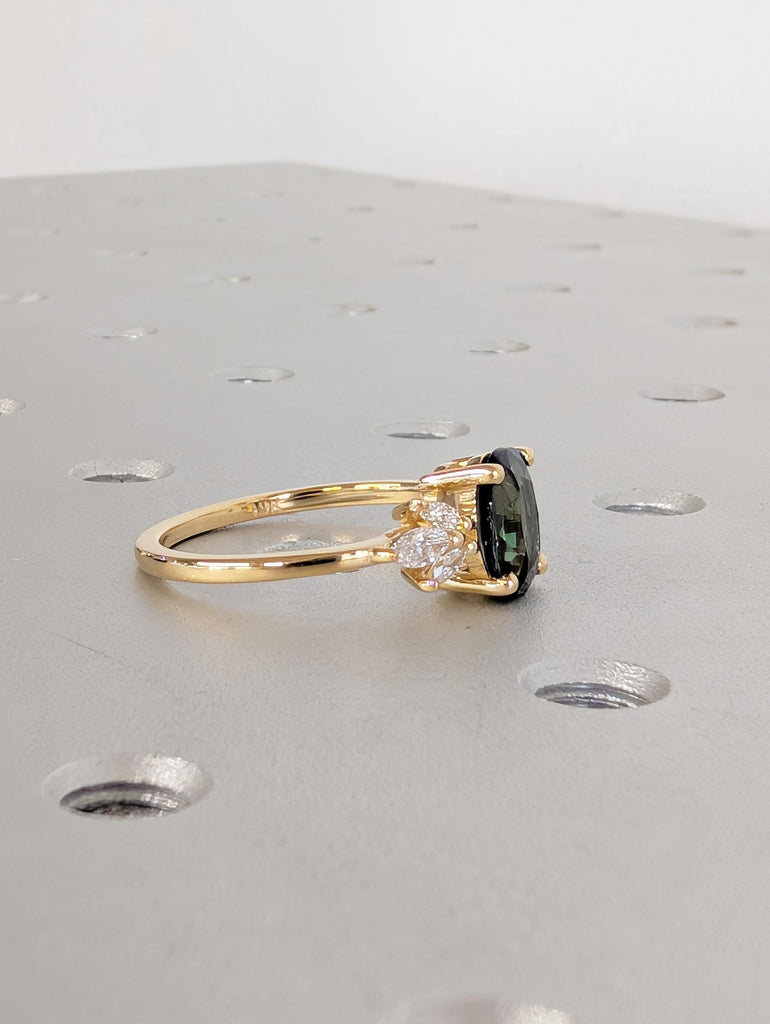 Sapphire Engagement Ring, Blue Green Oval Peacock Sapphire, 18K Yellow Gold Marquise Cut Diamond Cluster, September Birthstone Ring For Her image #6