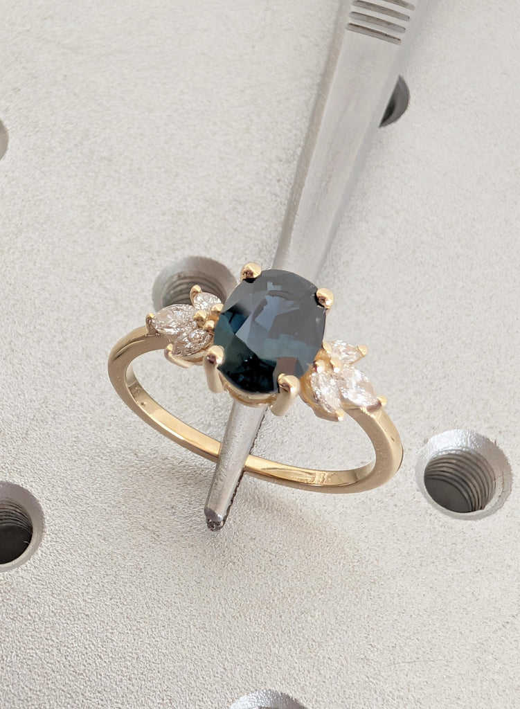 Sapphire Engagement Ring, Blue Green Oval Peacock Sapphire, 18K Yellow Gold Marquise Cut Diamond Cluster, September Birthstone Ring For Her image #11