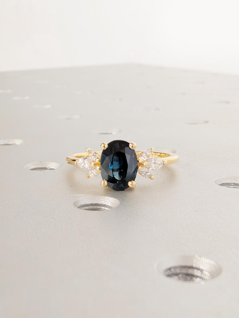 Sapphire Engagement Ring, Blue Green Oval Peacock Sapphire, 18K Yellow Gold Marquise Cut Diamond Cluster, September Birthstone Ring For Her image #2