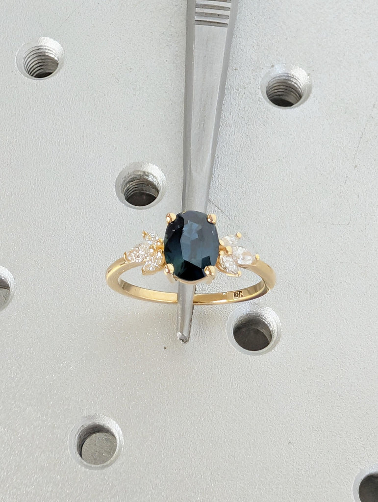 Sapphire Engagement Ring, Blue Green Oval Peacock Sapphire, 18K Yellow Gold Marquise Cut Diamond Cluster, September Birthstone Ring For Her image #3