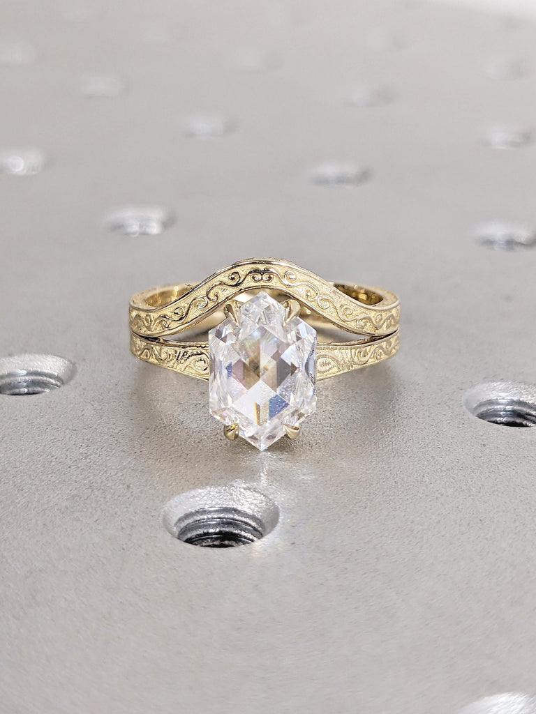 Solitaire Moissanite Engagement Ring, Bridal Set, Scrollwork 14k Yellow Gold Hexagon Ring image #7