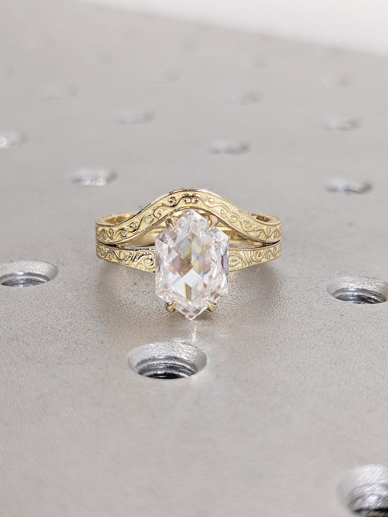 Solitaire Moissanite Engagement Ring, Bridal Set, Scrollwork 14k Yellow Gold Hexagon Ring image #12