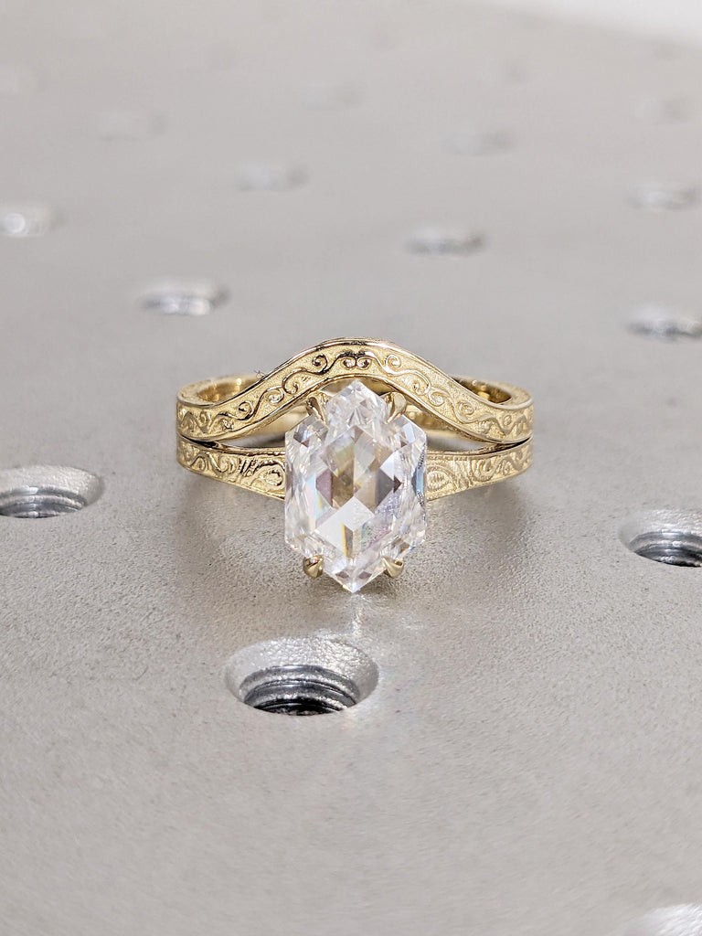 Vintage 14k Yellow Gold Wedding Bridal Set for Women, Lab Grown Diamond Statement Ring, Hexagon Engagement Ring, Art Deco Filigree Ring image #2