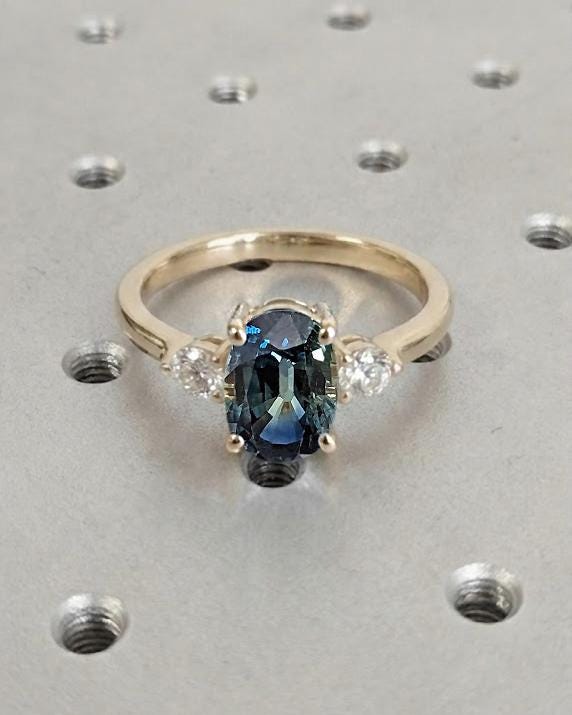 Art Deco Teal Sapphire Engagement Ring | Oval Sapphire and Diamond Ring | 14k Yellow Gold Rings for Women | September Birthstone image #6
