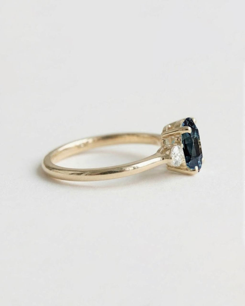 Art Deco Teal Sapphire Engagement Ring | Oval Sapphire and Diamond Ring | 14k Yellow Gold Rings for Women | September Birthstone image #4