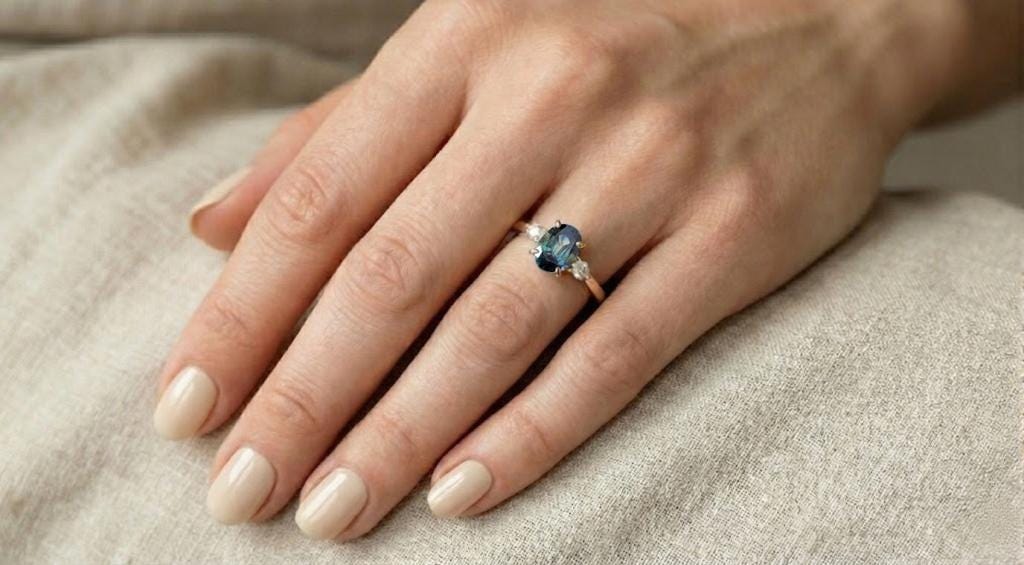 Art Deco Teal Sapphire Engagement Ring | Oval Sapphire and Diamond Ring | 14k Yellow Gold Rings for Women | September Birthstone image #2