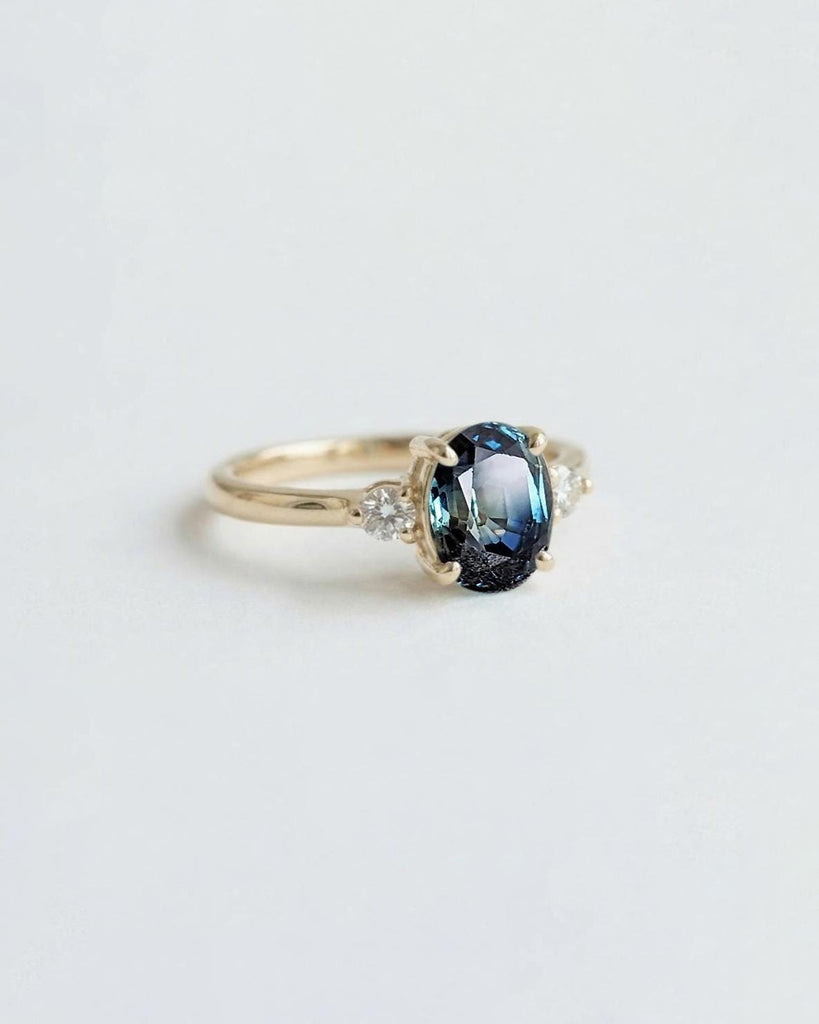 Art Deco Teal Sapphire Engagement Ring | Oval Sapphire and Diamond Ring | 14k Yellow Gold Rings for Women | September Birthstone