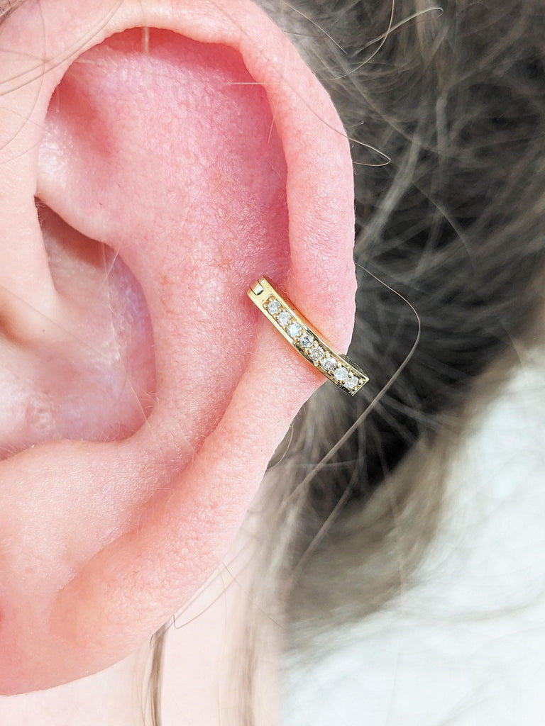 Round Cut White Diamond Helix Piercing, 18K Gold Hinged Hoop Earrings, Curved Diamond Clicker Huggie earrings, Bridal Engagement Jewelry image #8