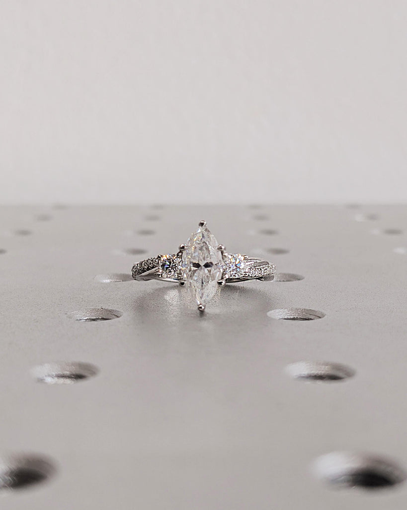 Platinum Marquise Cut Lab Diamond Spiral Engagement Ring, Three Stone Twisted Platinum Band, Women's Wedding Jewelry image #8