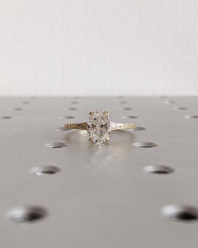 Solitaire Lab Diamond Ring for Her, Antique 14K Solid Yellow Gold Engagement Ring, Carved Filigree Band, Handmade Wedding Anniversary Ring image #3