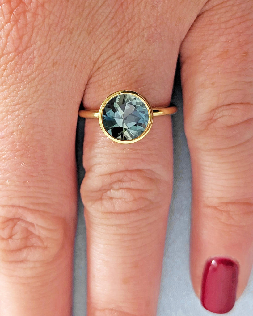 Vintage Tulip Setting Teal Sapphire Engagement Ring, Antique Yellow Gold Peacock Sapphire Wedding Ring, Lotus Basket Bridal Ring, Bezel Ring image #8