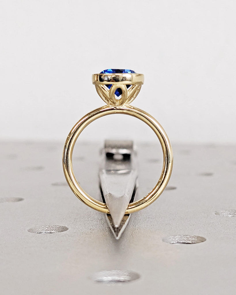 Vintage Blue Sapphire Bezel Ring, Sapphire Engagement Ring, Tulip Lotus Floral Basket Promise Ring, Gemstone Ring, Blue Stone Ring, 14K Gold image #2