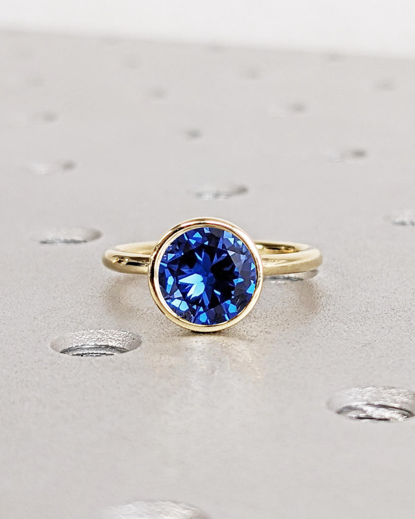 Vintage Blue Sapphire Bezel Ring, Sapphire Engagement Ring, Tulip Lotus Floral Basket Promise Ring, Gemstone Ring, Blue Stone Ring, 14K Gold image #6