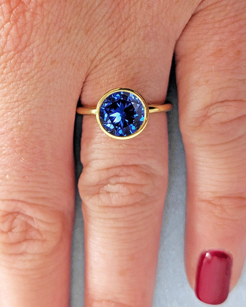 Vintage Blue Sapphire Bezel Ring, Sapphire Engagement Ring, Tulip Lotus Floral Basket Promise Ring, Gemstone Ring, Blue Stone Ring, 14K Gold image #8