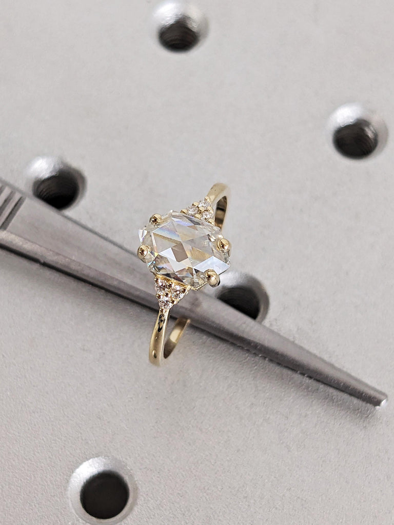 14K Solid Gold Lab Diamond Engagement Ring, Vintage Hexagon Cut Lab Diamond Ring, Art Deco Diamond Cluster Wedding Band image #2