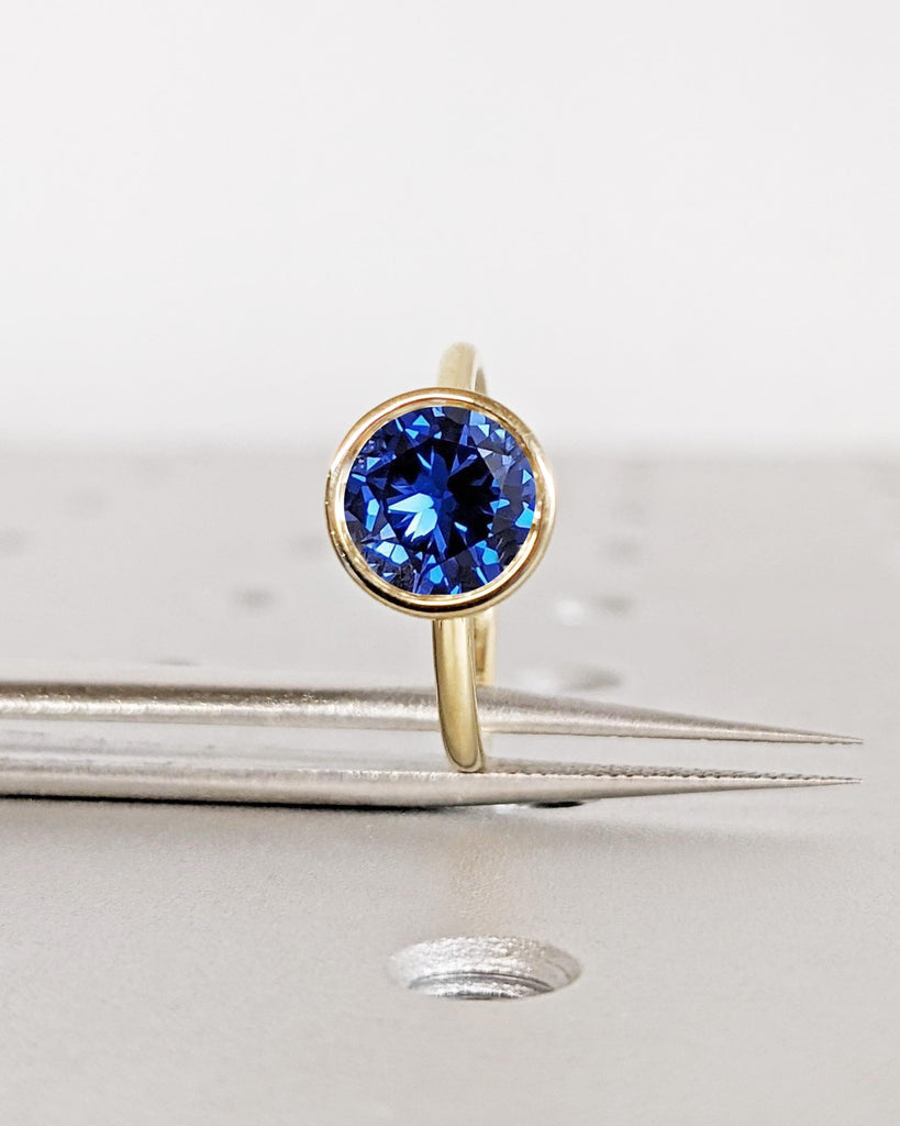 Vintage Blue Sapphire Bezel Ring, Sapphire Engagement Ring, Tulip Lotus Floral Basket Promise Ring, Gemstone Ring, Blue Stone Ring, 14K Gold
