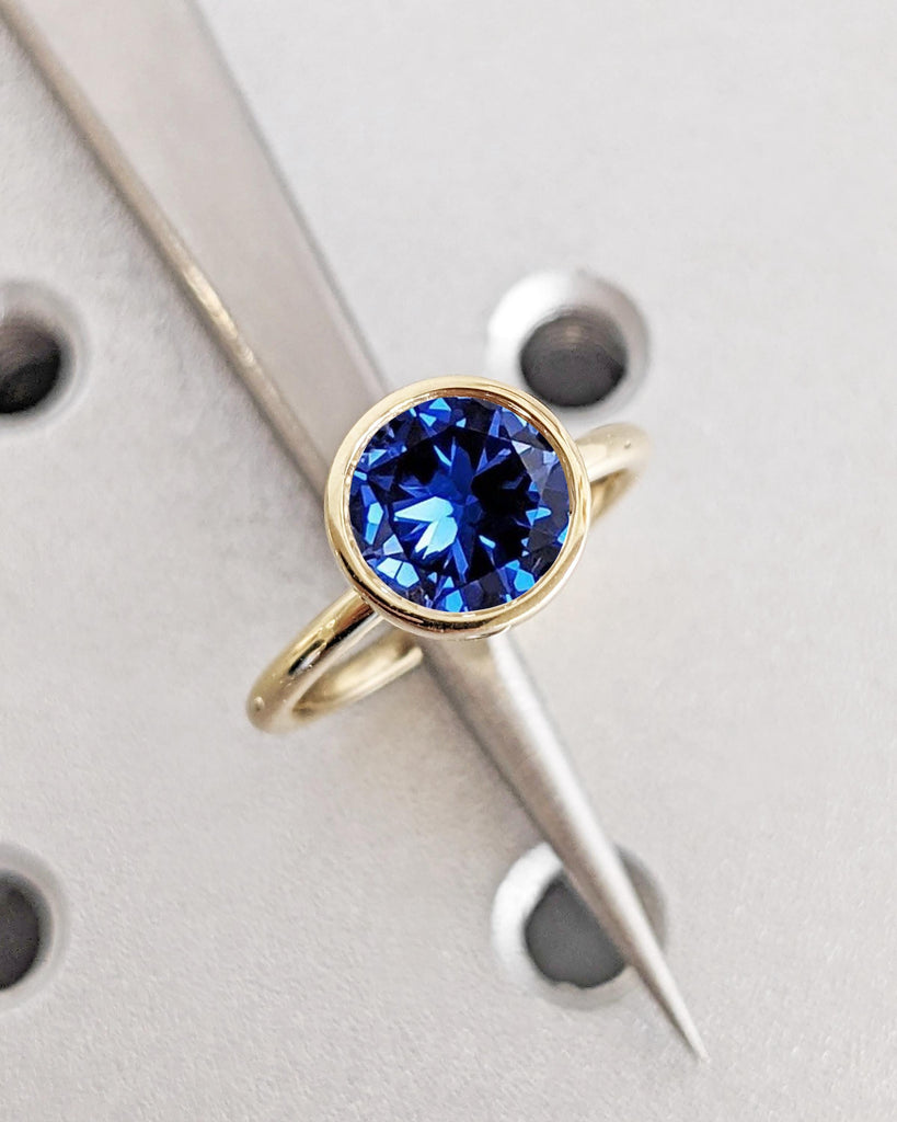 Vintage Blue Sapphire Bezel Ring, Sapphire Engagement Ring, Tulip Lotus Floral Basket Promise Ring, Gemstone Ring, Blue Stone Ring, 14K Gold image #5