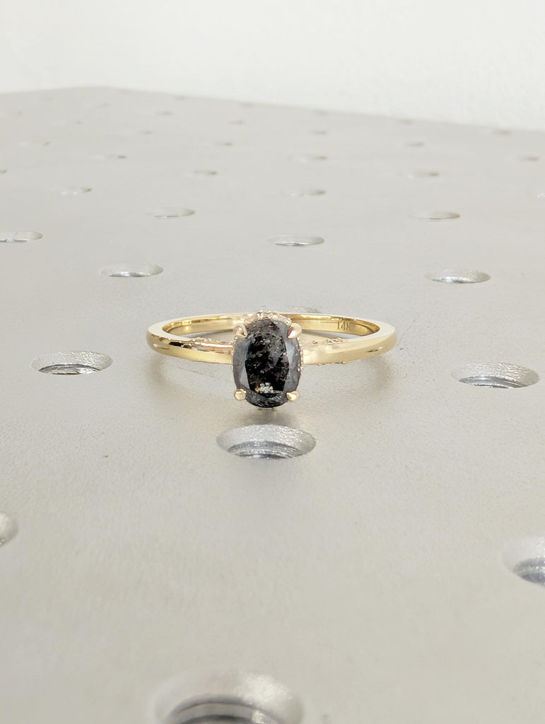 Salt and Pepper Diamond Engagement Ring, Dainty 14K Yellow Gold Hidden Halo Wedding Ring for Her, Oval Solitaire Ring, Vintage Promise Rings image #6