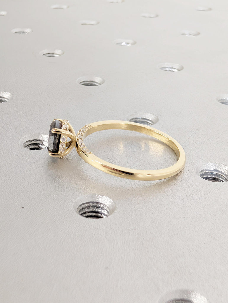 Salt and Pepper Diamond Engagement Ring, Dainty 14K Yellow Gold Hidden Halo Wedding Ring for Her, Oval Solitaire Ring, Vintage Promise Rings image #5