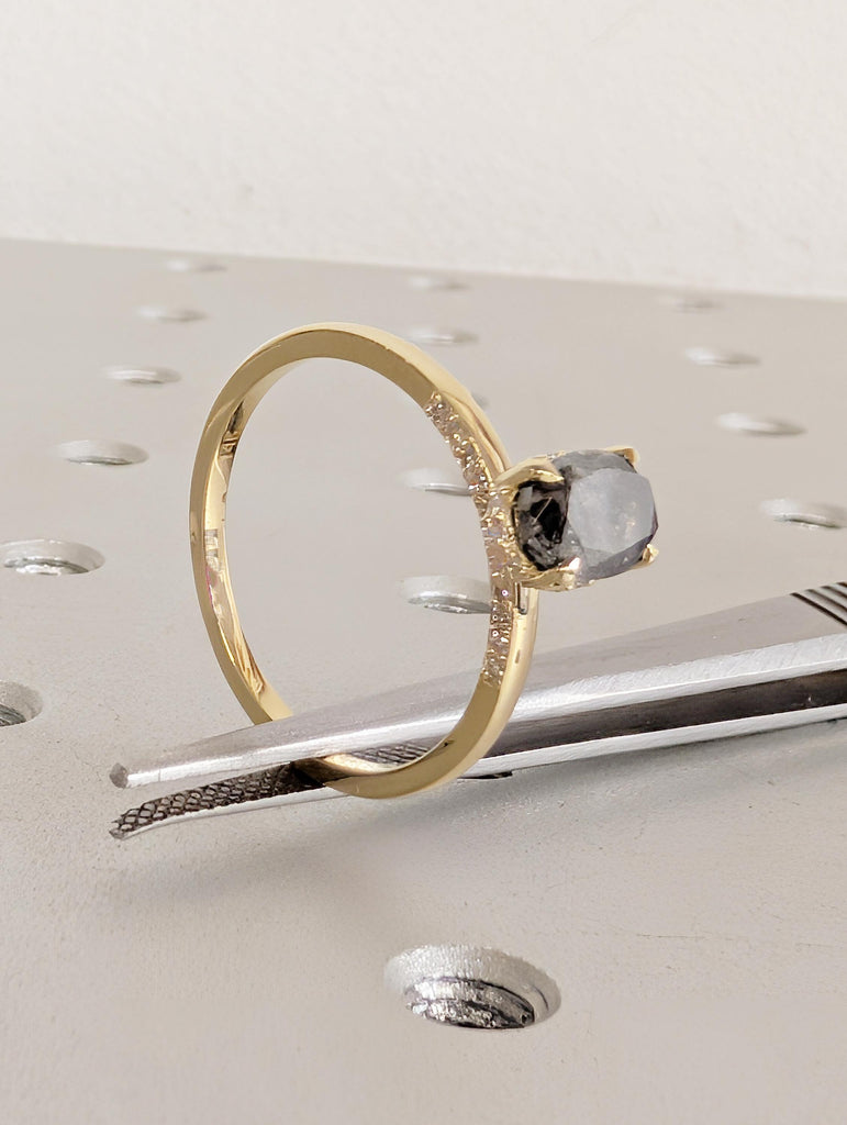 Salt and Pepper Diamond Engagement Ring, Dainty 14K Yellow Gold Hidden Halo Wedding Ring for Her, Oval Solitaire Ring, Vintage Promise Rings image #8