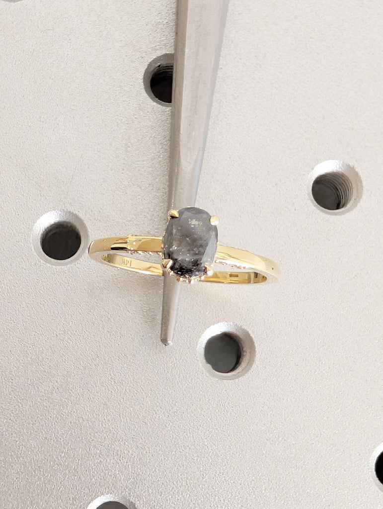 Salt and Pepper Diamond Engagement Ring, Dainty 14K Yellow Gold Hidden Halo Wedding Ring for Her, Oval Solitaire Ring, Vintage Promise Rings image #12