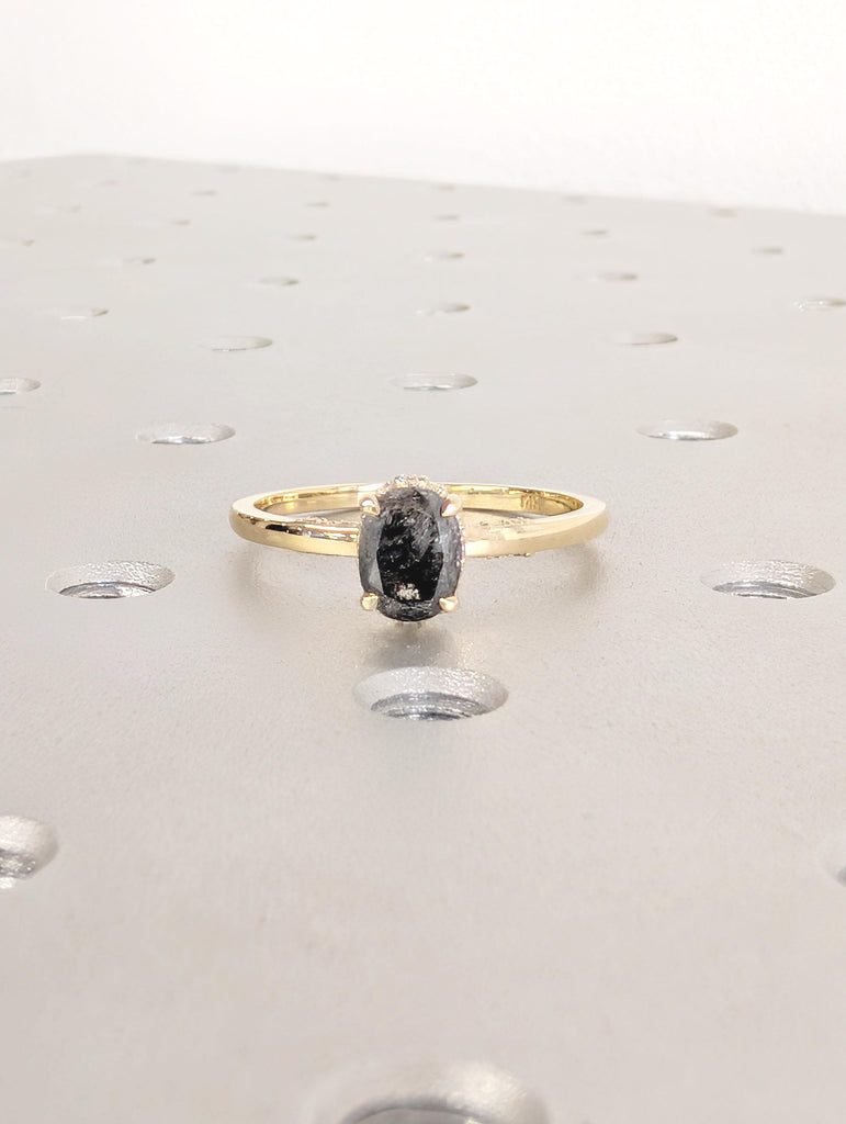 Salt and Pepper Diamond Engagement Ring, Dainty 14K Yellow Gold Hidden Halo Wedding Ring for Her, Oval Solitaire Ring, Vintage Promise Rings image #4