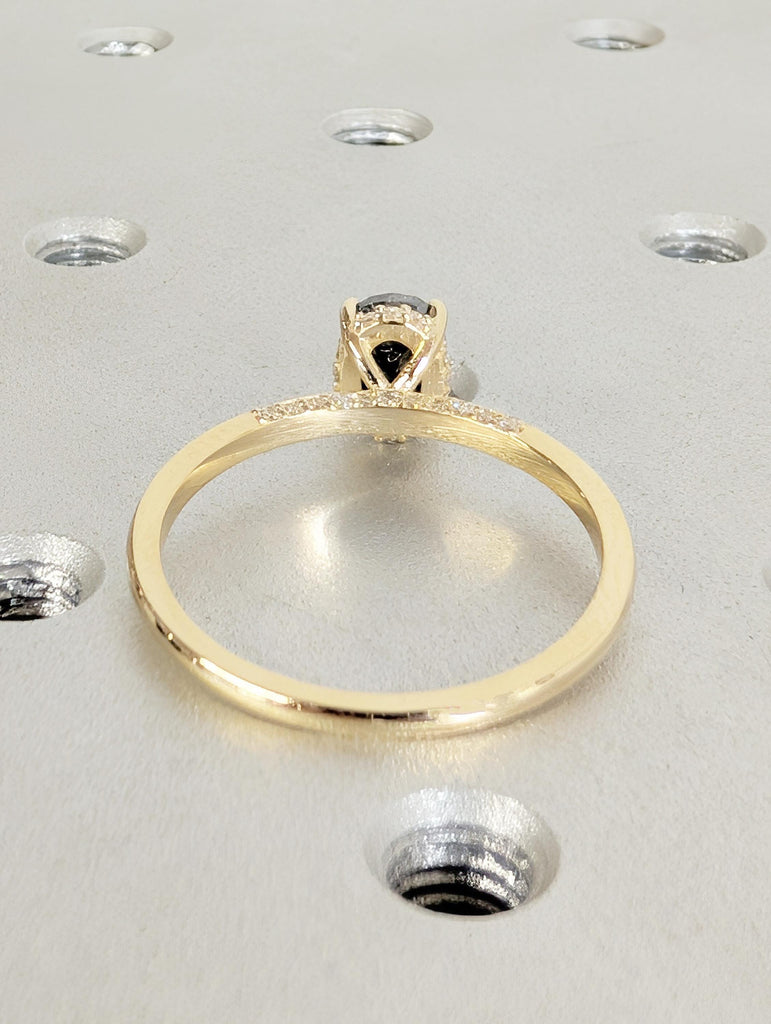 Salt and Pepper Diamond Engagement Ring, Dainty 14K Yellow Gold Hidden Halo Wedding Ring for Her, Oval Solitaire Ring, Vintage Promise Rings image #14