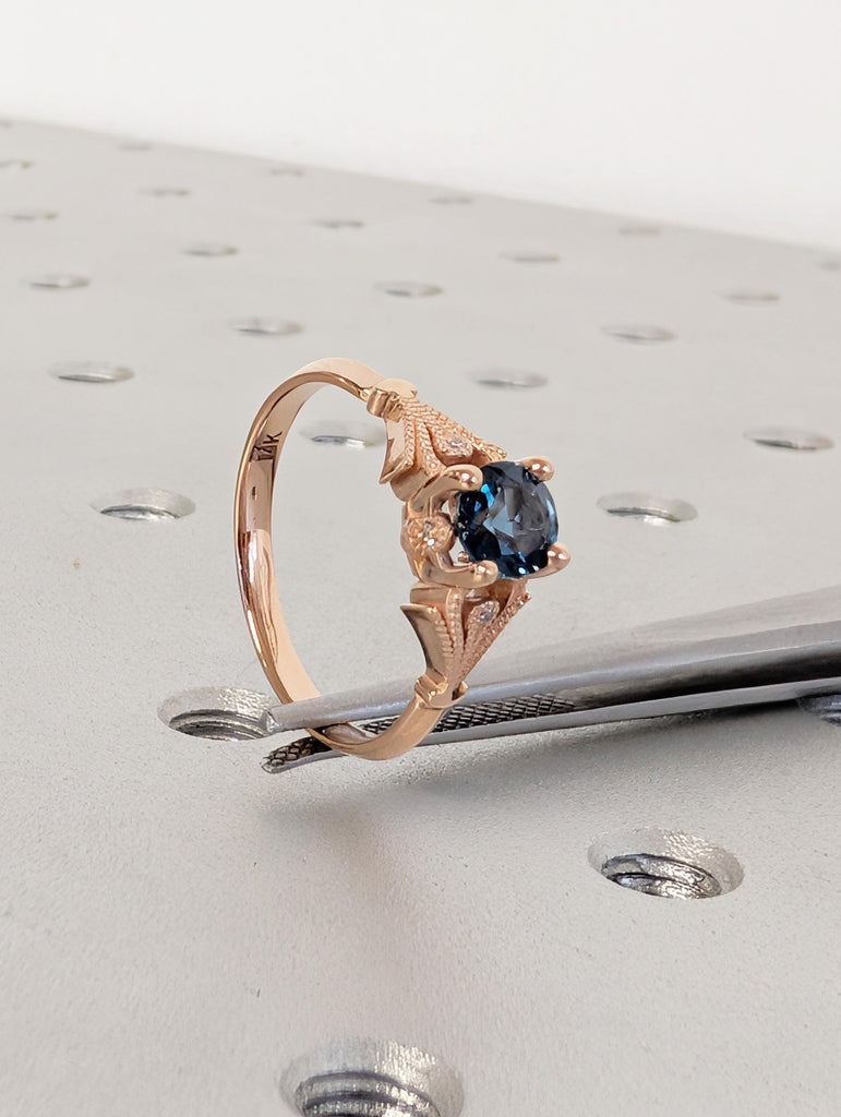 London Blue Topaz Ring in 14K Rose Gold, Vintage Style Milgrain Birthstone Diamond Ring