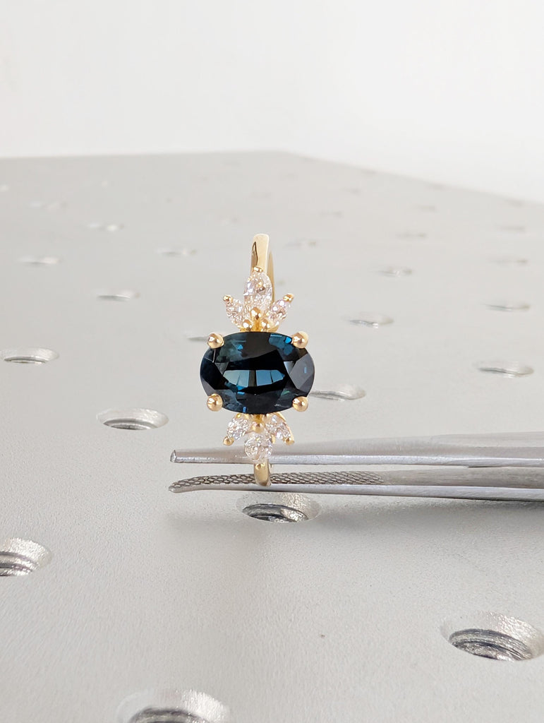 Sapphire Engagement Ring, Blue Green Oval Peacock Sapphire, 18K Yellow Gold Marquise Cut Diamond Cluster, September Birthstone Ring For Her