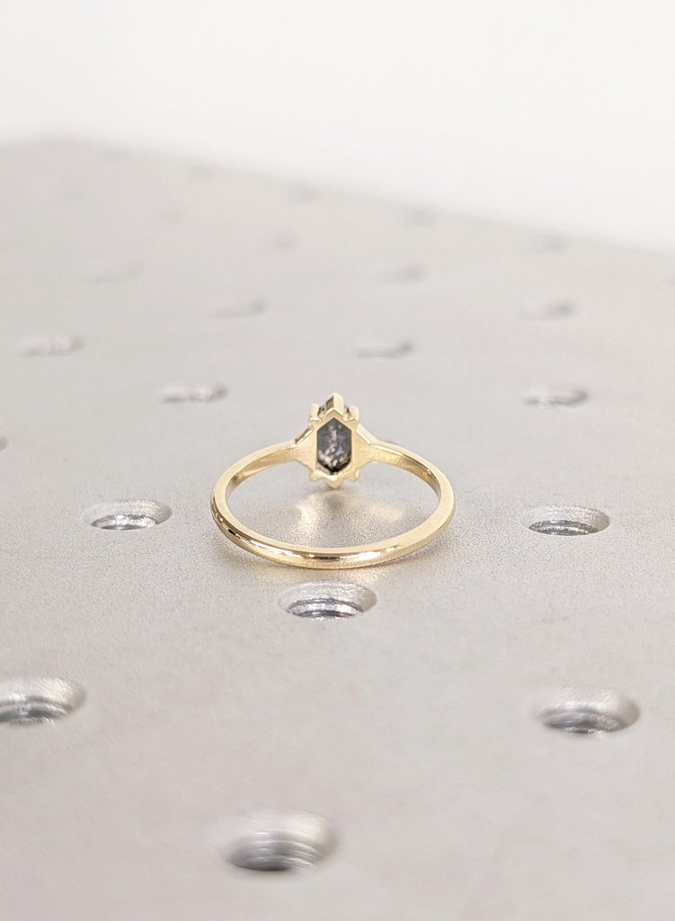 Hexagon Cut Salt and Pepper Diamond Ring, 14K Yellow Gold Engagement Rings, Talon Prong Setting, Gold Wedding Rings, Promise Ring For Her image #4
