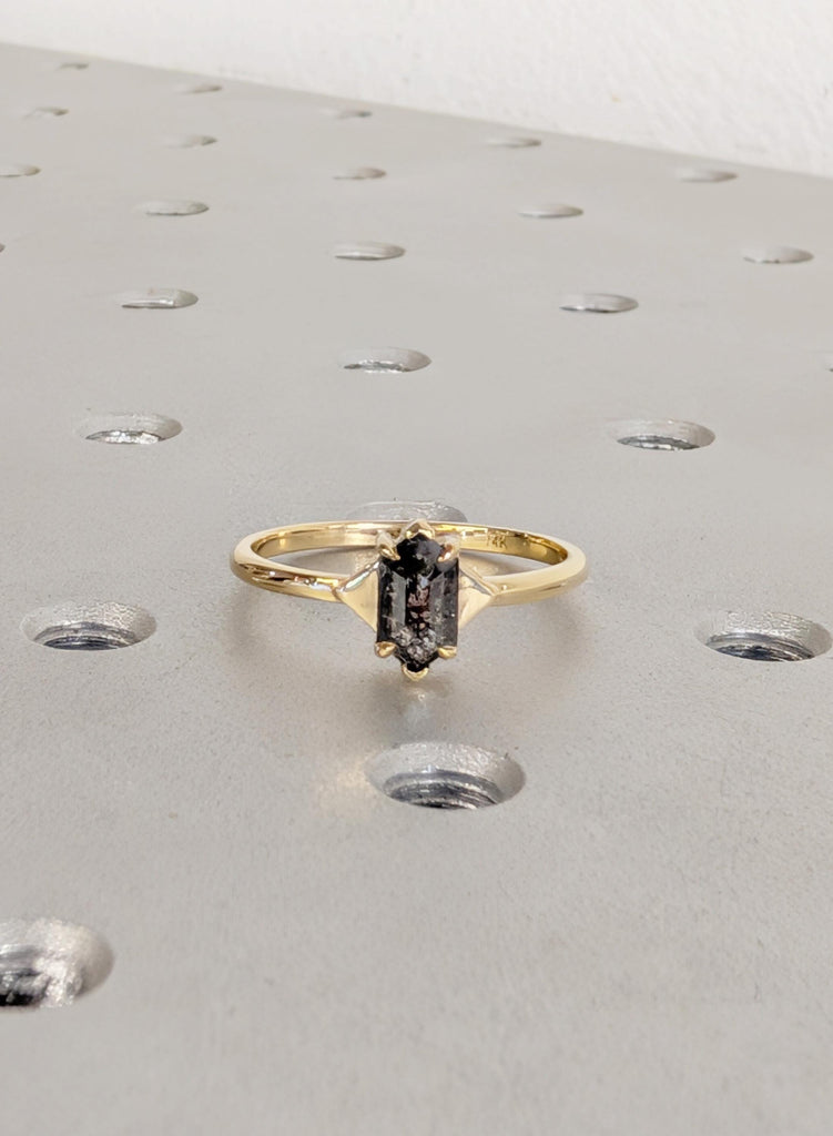 Hexagon Cut Salt and Pepper Diamond Ring, 14K Yellow Gold Engagement Rings, Talon Prong Setting, Gold Wedding Rings, Promise Ring For Her image #3