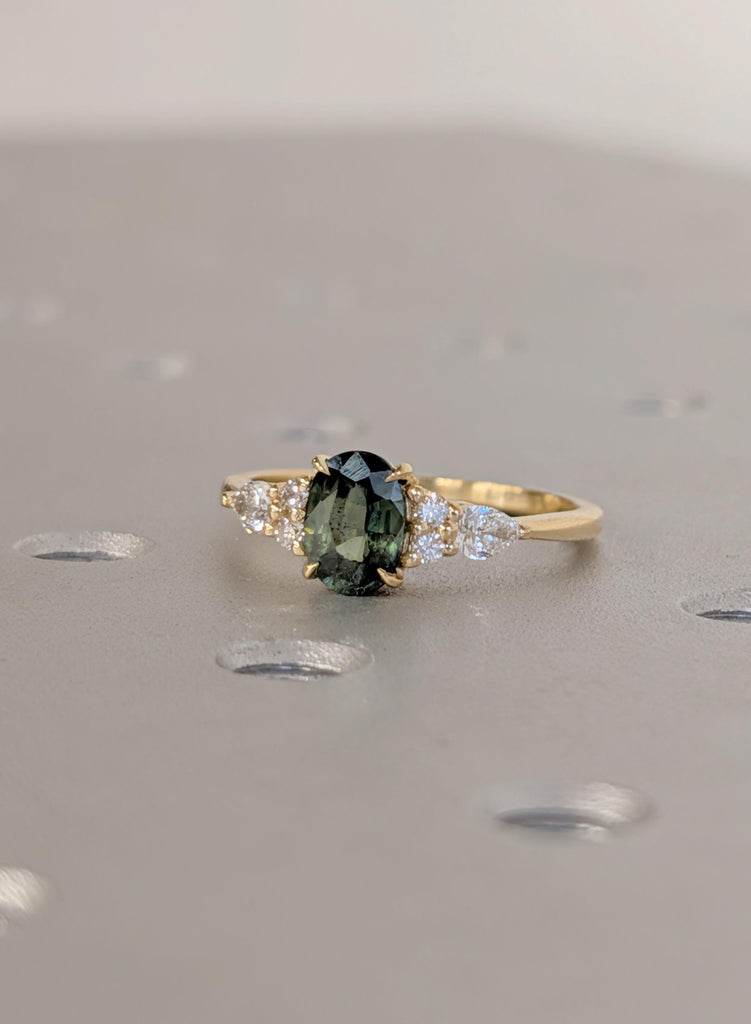 18K Yellow Gold Oval Teal Sapphire Engagement Ring with Diamond Cluster image #5