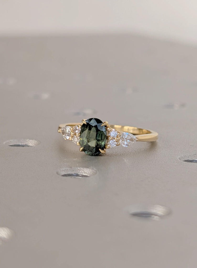 Blue Green Sapphire 18K Yellow Gold Engagement Ring, Oval Teal Sapphire Ring in Solid Gold, Diamond Cluster Art Deco Ring, Gold Wedding Ring image #5