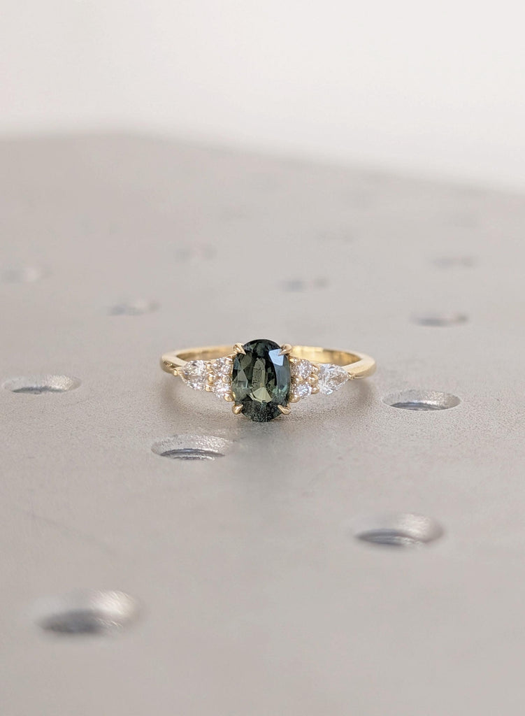 18K Yellow Gold Oval Teal Sapphire Engagement Ring with Diamond Cluster image #6